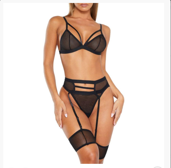 Black Strappy Mesh Bra And Thong Set With Garter Belt Cheap UK Fast Delivery
