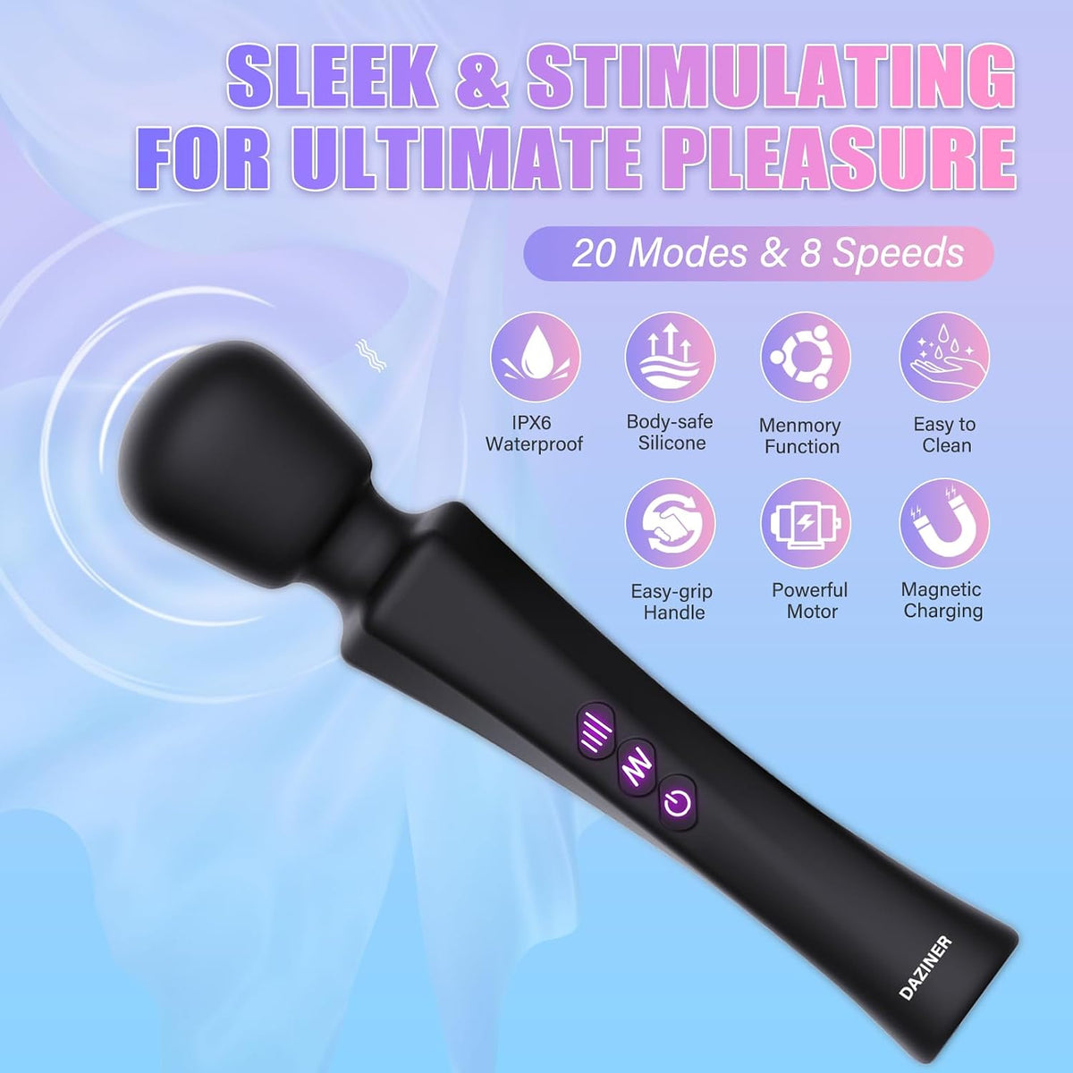 Black Wand Massager Showing Features 20 Modes 8 Speeds IPX6 Waterproof and Magnetic Charging