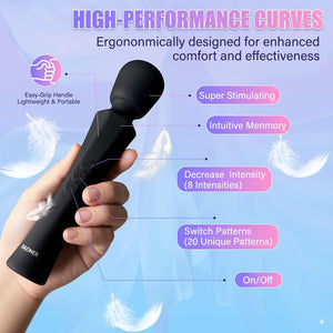 A hand holds a black handheld wand massager against a light blue background with floating white feathers and marketing text highlighting features like ergonomic design, easy grip, lightweight portability, and 20 unique patterns.