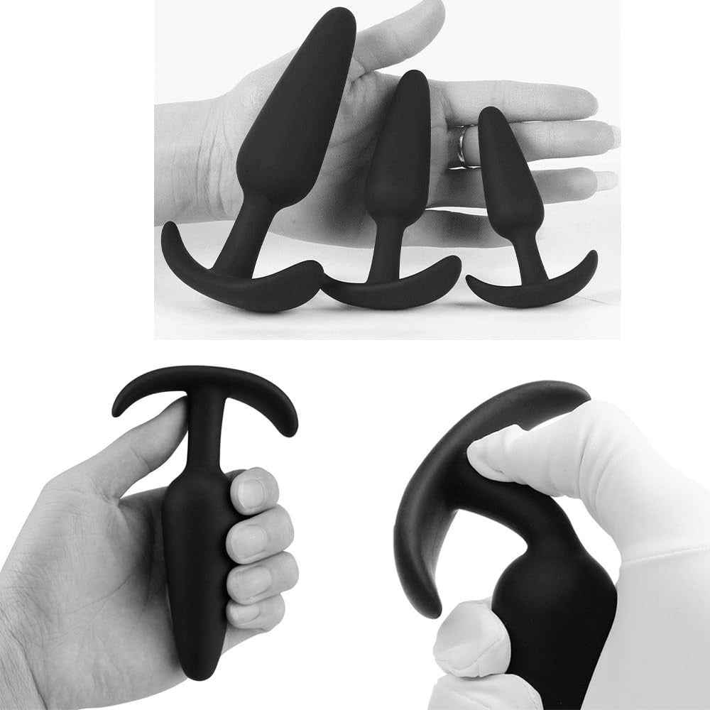 Hands holding flexible black silicone butt plug set Sex Toys in Uk, Cheap Sex Toys in Uk