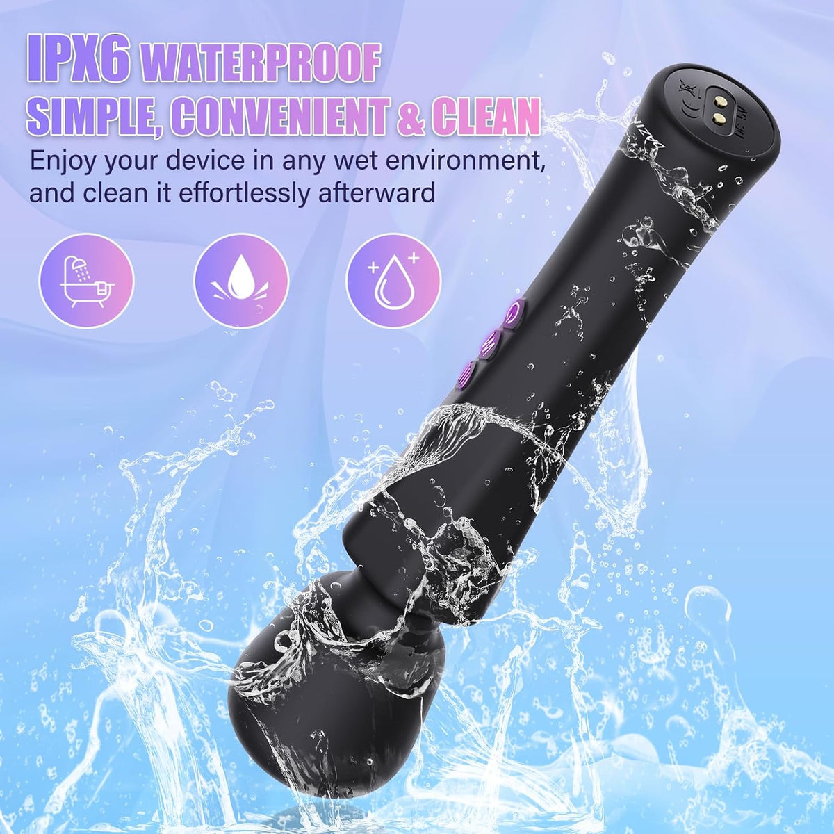 IPX6 Waterproof Black Wand Massager Covered in Water Splashes for Easy Cleaning Discreet Adult Toys Sex Toy for Female & Couples Sex toys in UK
