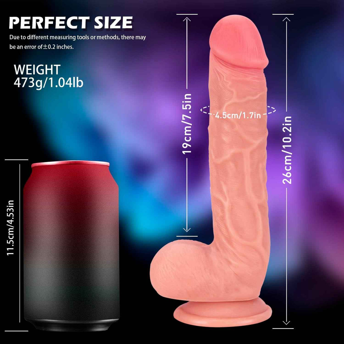 A pink realistic dildo shown with dimension 10.2in scale weight 473g sex toy in uk