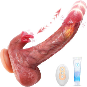 Realistic Heating Thrusting Dildo with Tongue Licking Clitoral Stimulator Suction Cup Cheap Sex Toy Fast UK Delivery