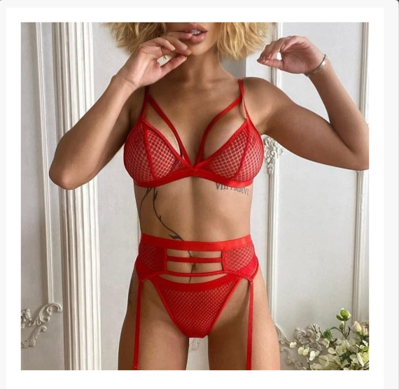 Red Strappy Mesh Three Piece Lingerie Set With Garters Cheap UK Fast