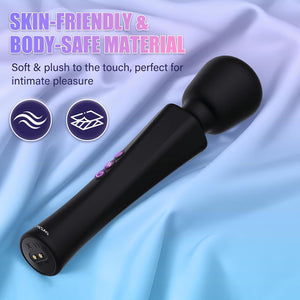 Skin Friendly Body Safe Silicone Black Wand vibrator Resting on Soft Blue Fabric