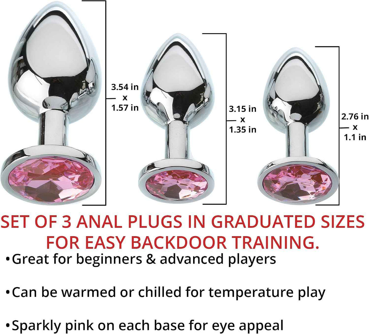 Sizing guide chart for set of three metal anal plugs with dimensions Sex Toys in Uk